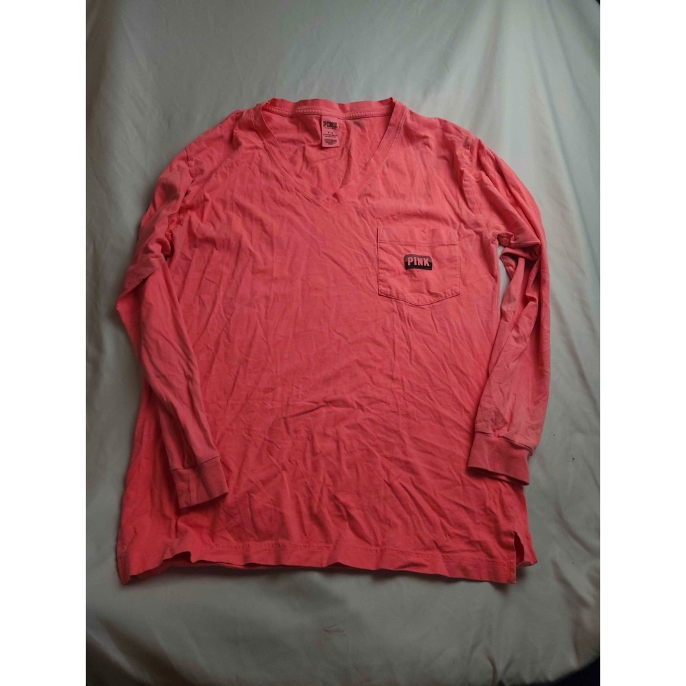 Victoria Secret PINK Shirt Womens Medium Coral Knit Long Sleeve Pocket V-Neck‎